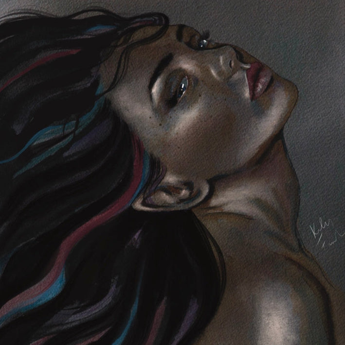 Artistic depiction of a woman with flowing hair on a textured surface