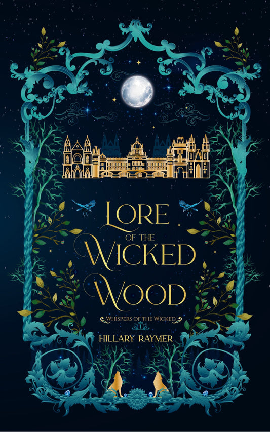 Book cover of 'Lore of the Wicked Wood' with a castle and forest design.
